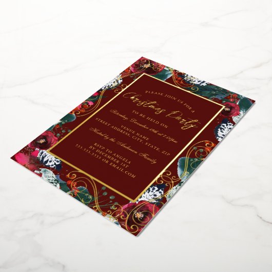 金ゴールド赤スワール花枠クリスマスパーティー 箔招待状 (回転した状態)