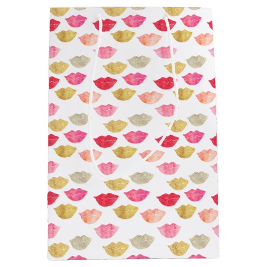 金ゴールド赤ピンクの水色の唇 ミディアムペーパーバッグ (正面)