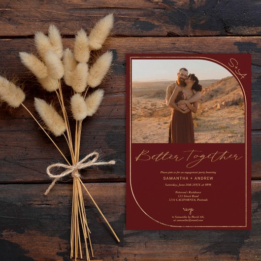 金ゴールド赤ブルゴーニュの写真婚約 案内状