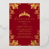 金ゴールド赤ヴィンテージフローラキンセアニェラ 箔招待状 (正面)