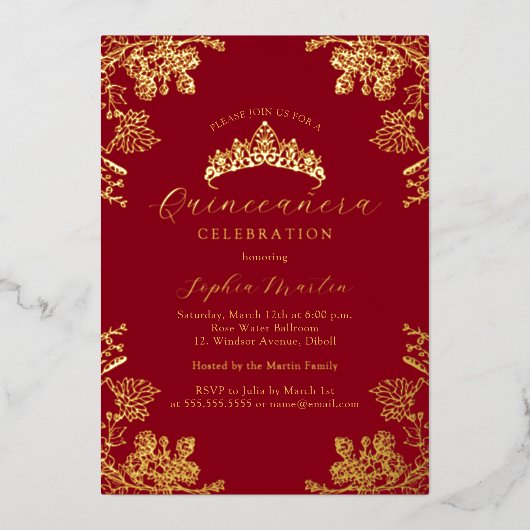 金ゴールド赤ヴィンテージフローラキンセアニェラ 箔招待状 (正面)