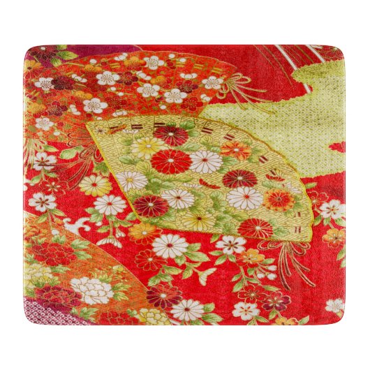 金ゴールド赤伝統的日本のフローラ花ガラス カッティングボード (正面)