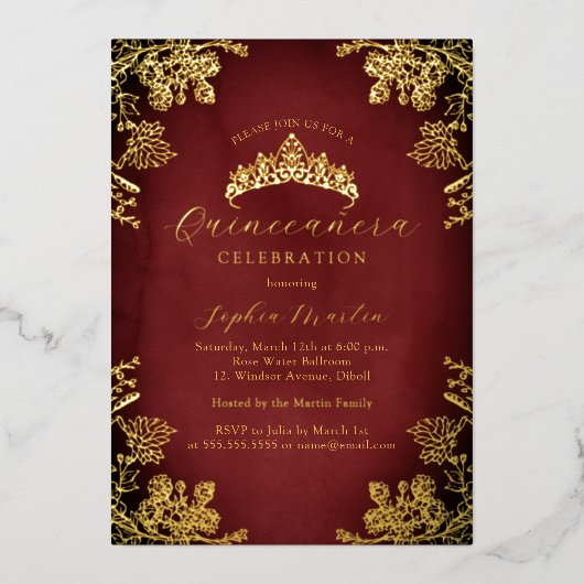 金ゴールド赤王室のヴィンテージフローラキンセアニェラ 箔招待状 (正面)