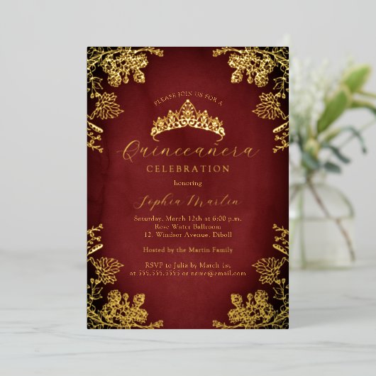 金ゴールド赤王室のヴィンテージフローラキンセアニェラ 箔招待状 (立ち正面)