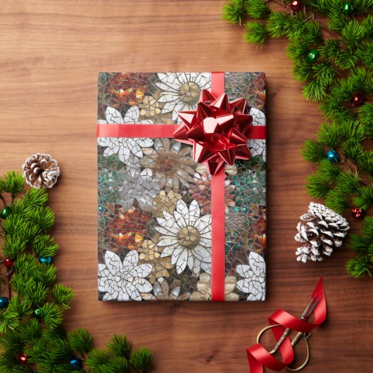 金ゴールド赤白フローラ ラッピングペーパー (クリスマスギフト)