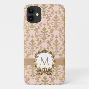 金ゴールド赤面エレガントピンクダマスクグリッターモノグラム iPhone 11 ケース