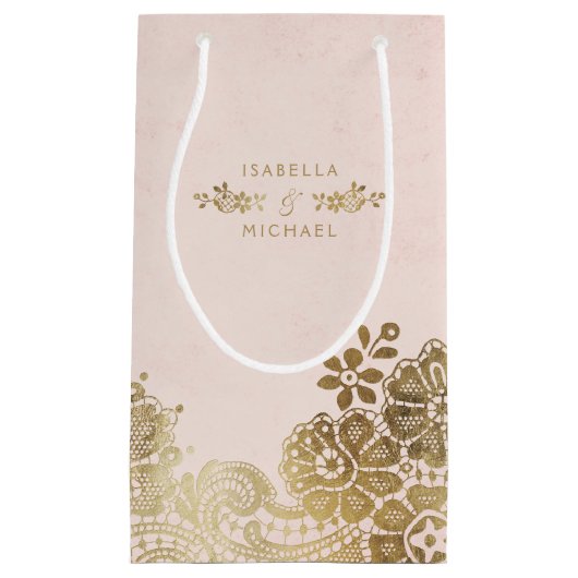 金ゴールド赤面エレガントヴィンテージレース結婚式の引き出物バッグ スモールペーパーバッグ (正面)