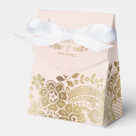 金ゴールド赤面エレガントヴィンテージレース結婚式の引き出物 フェイバーボックス (正面サイド)