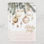金ゴールド赤面オーナメントバウブルクリスマスパーティー 招待状 (正面/裏面)