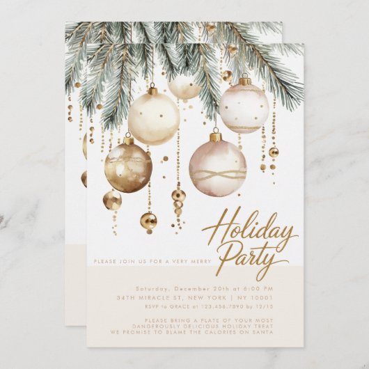 金ゴールド赤面オーナメントバウブルクリスマスパーティー 招待状 (正面/裏面)