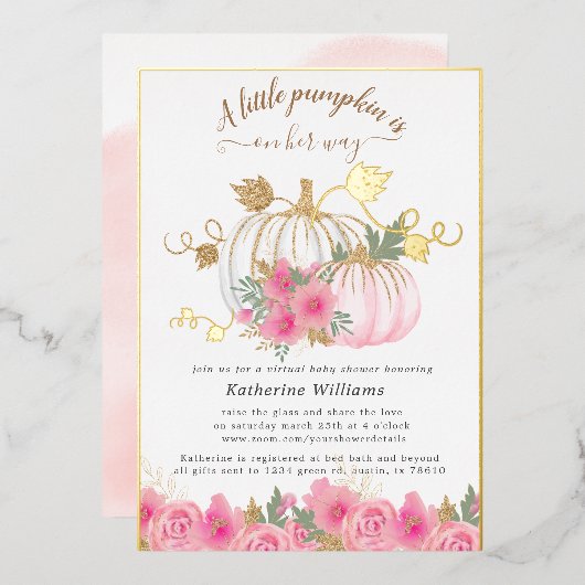 金ゴールド赤面カボチャ仮想ベビーシャワー 箔招待状 (正面/裏面)