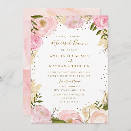 金ゴールド赤面バラ結婚フローラのリハーサルディナー 招待状 (正面/裏面)
