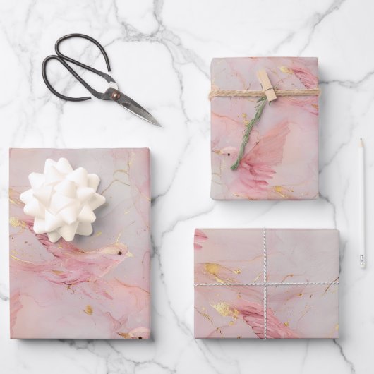 金ゴールド赤面ピンクの鳥の赤ちゃんシャワー ラッピングペーパーシート (正面)