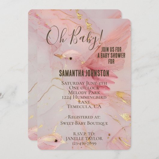 金ゴールド赤面ピンクの鳥の赤ちゃんシャワー 招待状 (正面/裏面)