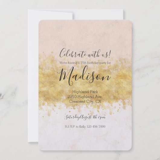 金ゴールド赤面ピンクウォーターカラーグラム 招待状 (正面)