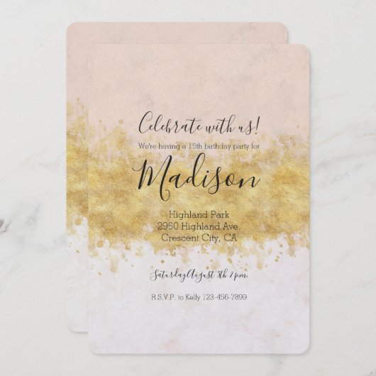 金ゴールド赤面ピンクウォーターカラーグラム 招待状 (正面/裏面)