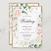 金ゴールド赤面ピンクウォーターカラーロマンチックなフローラ結婚ズ 招待状 (正面/裏面)