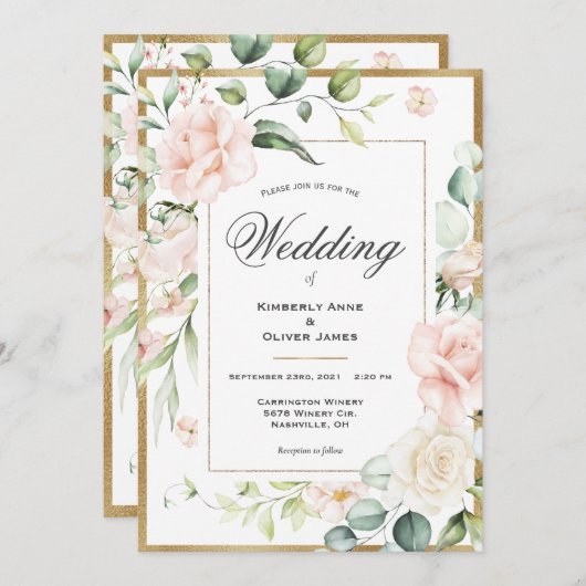 金ゴールド赤面ピンクウォーターカラーロマンチックなフローラ結婚ズ 招待状 (正面/裏面)