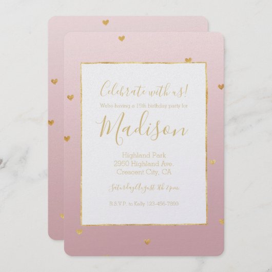 金ゴールド赤面ピンクグラデーションハート 招待状 (正面/裏面)