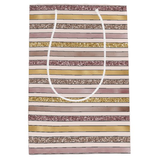 金ゴールド赤面ピンクグリッターグリジーストライプズ ミディアムペーパーバッグ (正面)