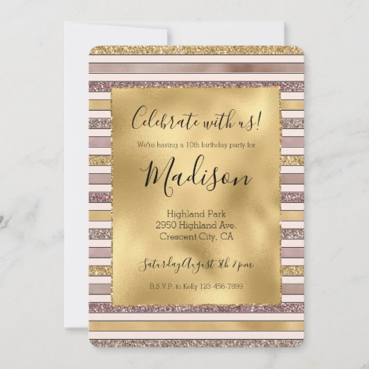 金ゴールド赤面ピンクグリッターグリジーストライプズ 招待状 (正面)