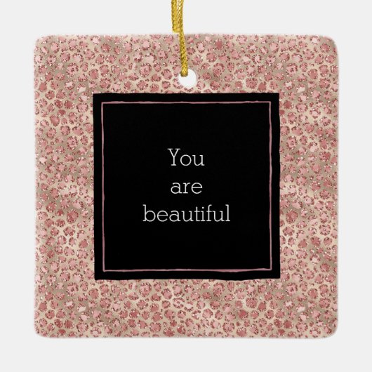 金ゴールド赤面ピンクグリッターヒョウ印刷 セラミックオーナメント (正面)