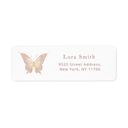 金ゴールド赤面ピンクバタフライ差出人住所ラベル ラベル (正面)