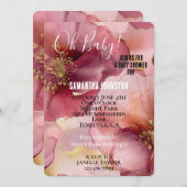 金ゴールド赤面ピンクバーガンディフローラベビーシャワー 招待状 (正面/裏面)