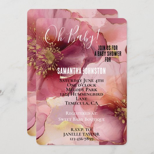 金ゴールド赤面ピンクバーガンディフローラベビーシャワー 招待状 (正面/裏面)