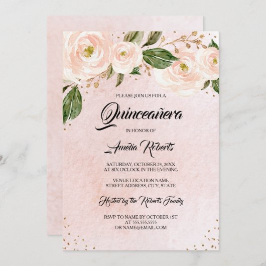 金ゴールド赤面ピンクフローラキンセアニェラ誕生日 招待状 (正面/裏面)