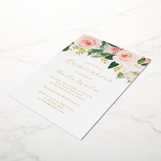 金ゴールド赤面ピンクフローラキンセアニェラ 箔招待状 (回転した状態)