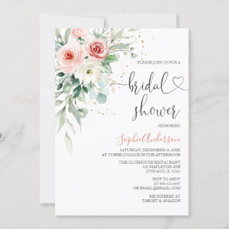  金ゴールド赤面ピンクフローラグリーナリーブライダルシャワー  招待状