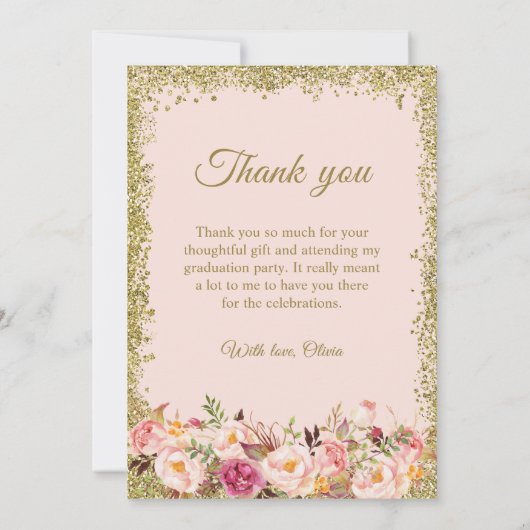金ゴールド赤面ピンクフローラ写真卒業ありがとう 招待状 (裏面)