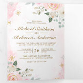 金ゴールド赤面ピンクフローラ写真QRコード結婚s 三つ折り招待状 (内部最初)