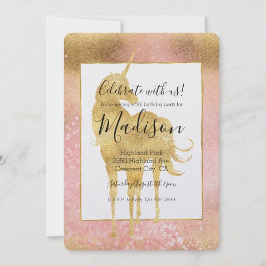 金ゴールド赤面ピンクマジカルユニコーン誕生日 招待状 (正面)