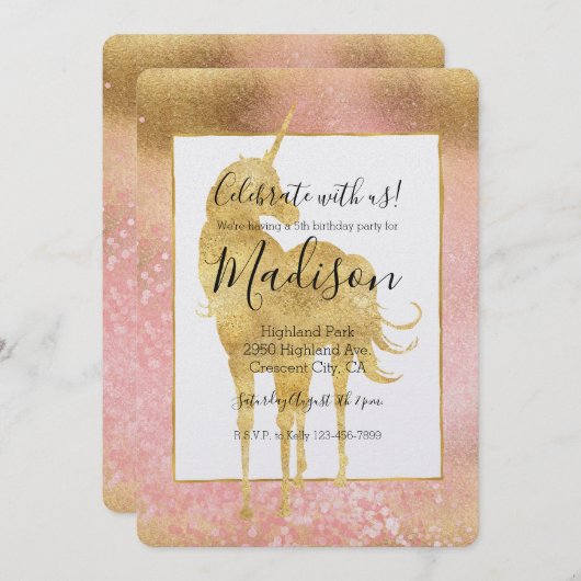 金ゴールド赤面ピンクマジカルユニコーン誕生日 招待状 (正面/裏面)