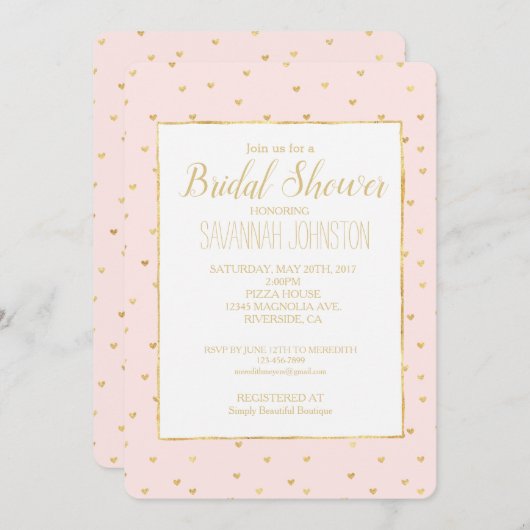 金ゴールド赤面ピンクリトルハートブライダルシャワー 招待状 (正面/裏面)