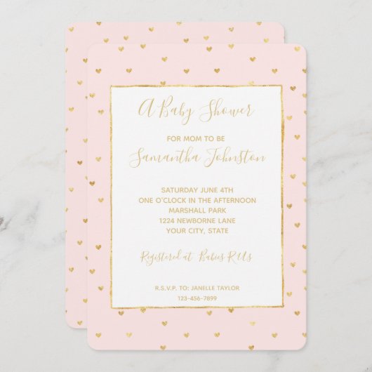 金ゴールド赤面ピンクリトルハートベビーシャワー 招待状 (正面/裏面)