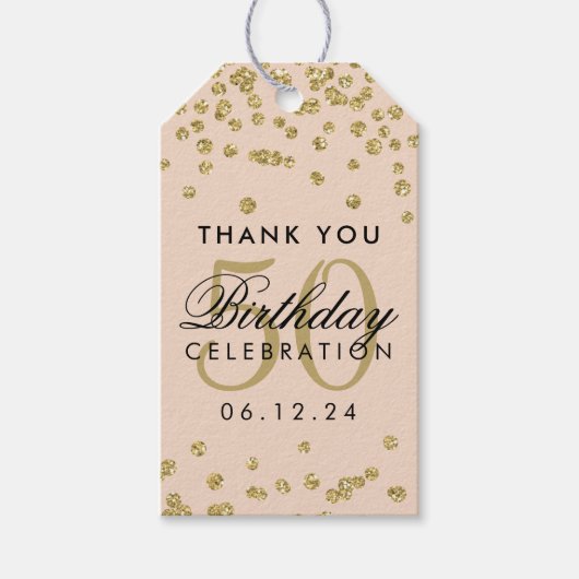 金ゴールド赤面ピンク50th誕生日ありがとう紙吹雪 ギフトタグ (正面)