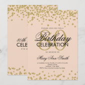 金ゴールド赤面ピンク80番目の誕生日グリッター紙吹雪 招待状 (正面/裏面)