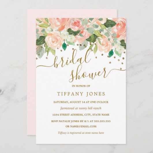 金ゴールド赤面ピーチフローラウォーターカラーブライダルシャワー 招待状 (正面/裏面)