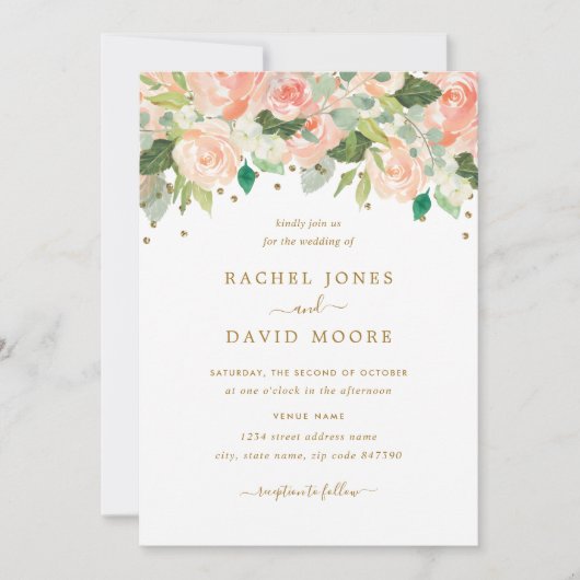 金ゴールド赤面ピーチフローラ水の色の結婚式の招待 招待状 (正面)