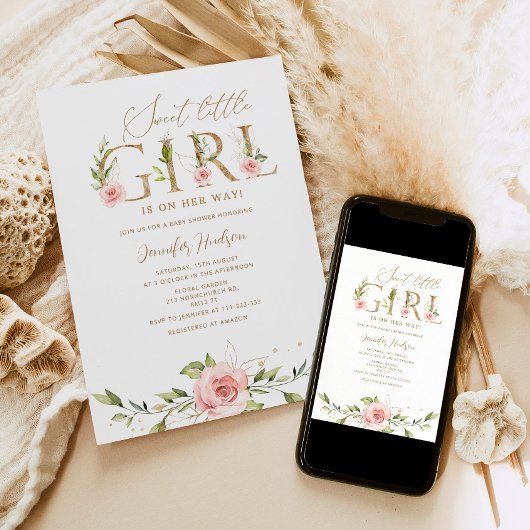 金ゴールド赤面フローラスウィート小さな女の子ベビーシャワー 招待状