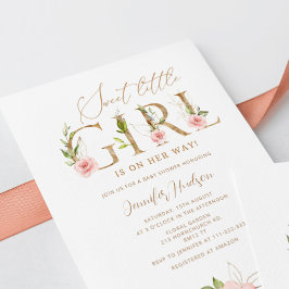 金ゴールド赤面フローラスウィート小さな女の子ベビーシャワー 招待状