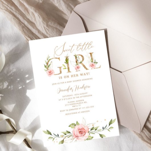 金ゴールド赤面フローラスウィート小さな女の子ベビーシャワー 招待状