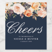 金ゴールド赤面フローラネイビー結婚ブルー ワインラベル (シングルラベル)