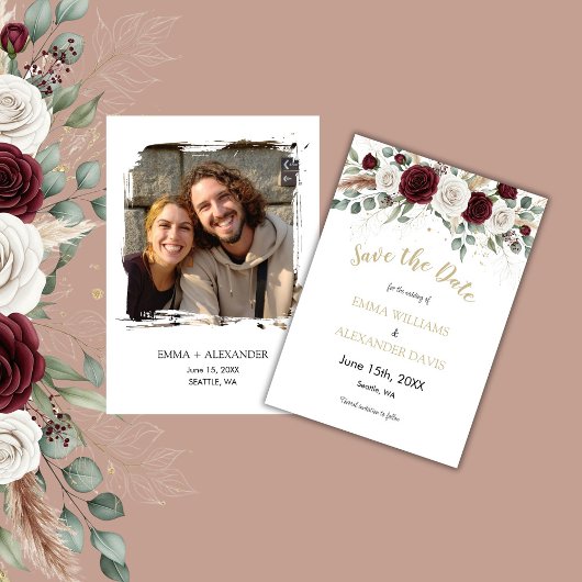 金ゴールド赤面フローラ写真Save the Date Card セーブザデート