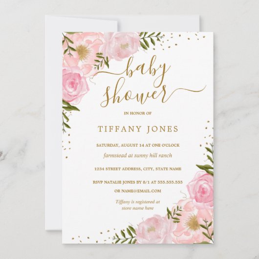 金ゴールド赤面フローラ水カラーベビーシャワー招待状 招待状 (正面)