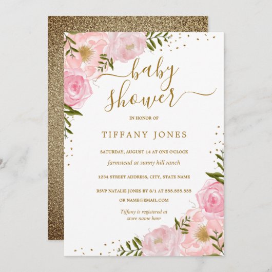 金ゴールド赤面フローラ水カラーベビーシャワー招待状 招待状 (正面/裏面)