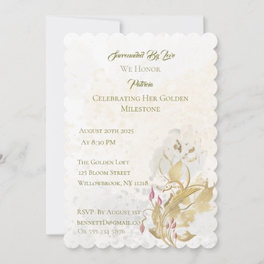 金ゴールド赤面フローラ50番目の誕生日招待状 招待状 (正面)